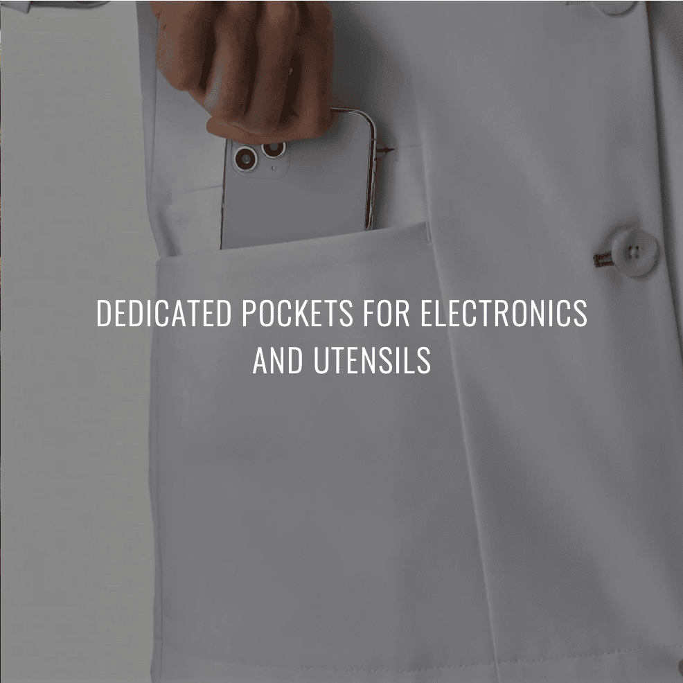 Person putting an iphone in a lab coat pocket.