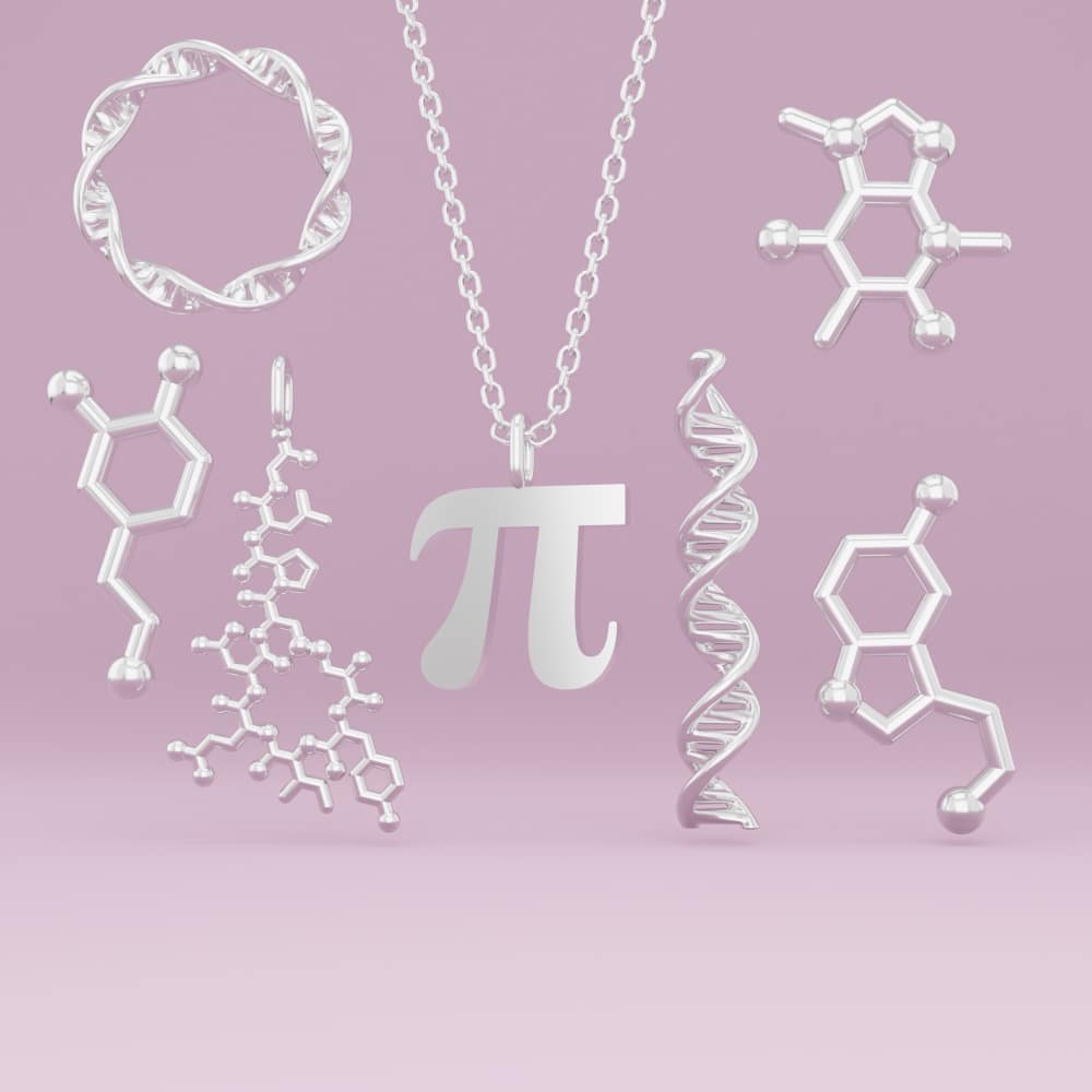 Science and molecule pendants, including DNA plasmid, DNA, oxytocin, serotonin, dopamine, caffeine, and pi.