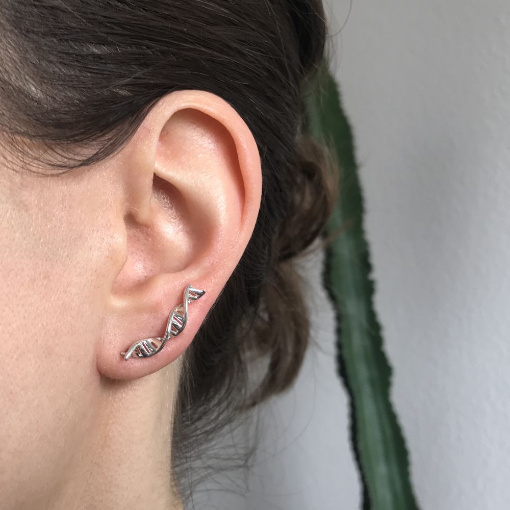 A DNA double helix ear climber, part of the new refreshed science jewelry collection at Molecule Store