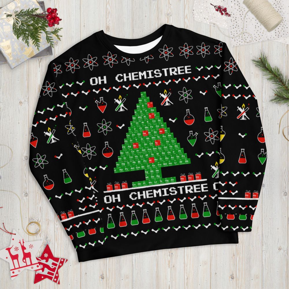 The chemical Ugly Christmas Chemistree Sweater with molecules and other chemistry.