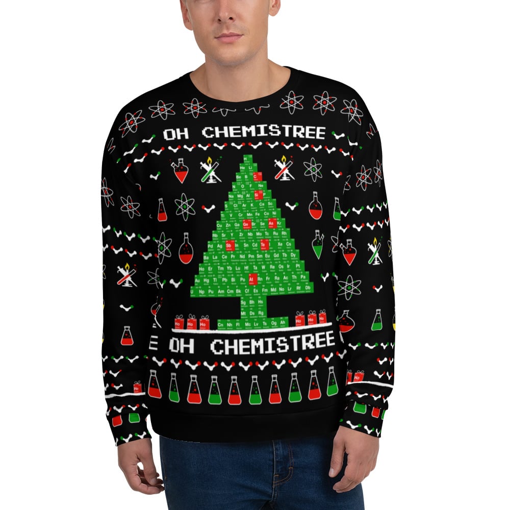 Man wearing an ugly Christmas sweater with a tree from periodic table elements, flasks, molecules and the text "OH CHEMISTREE"