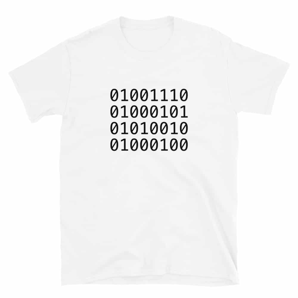 A white binary code t-shirt that spells "NERD"